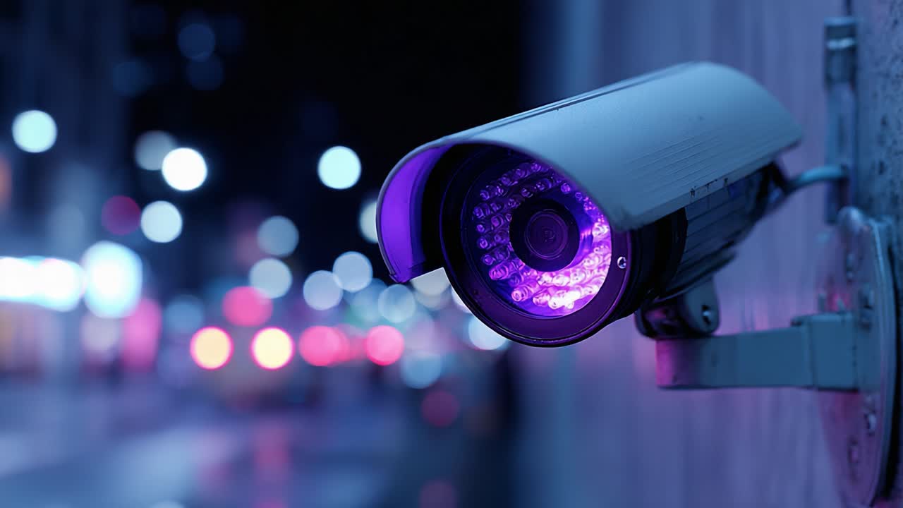 Enhancing Security with Advanced Surveillance: A High-Tech Camera Capturing the Night Scene with Purple Illuminate Highlights in Urban Environment