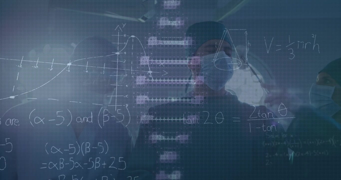 Animation of rotating dna over caucasian female and male surgeons in face masks during operation