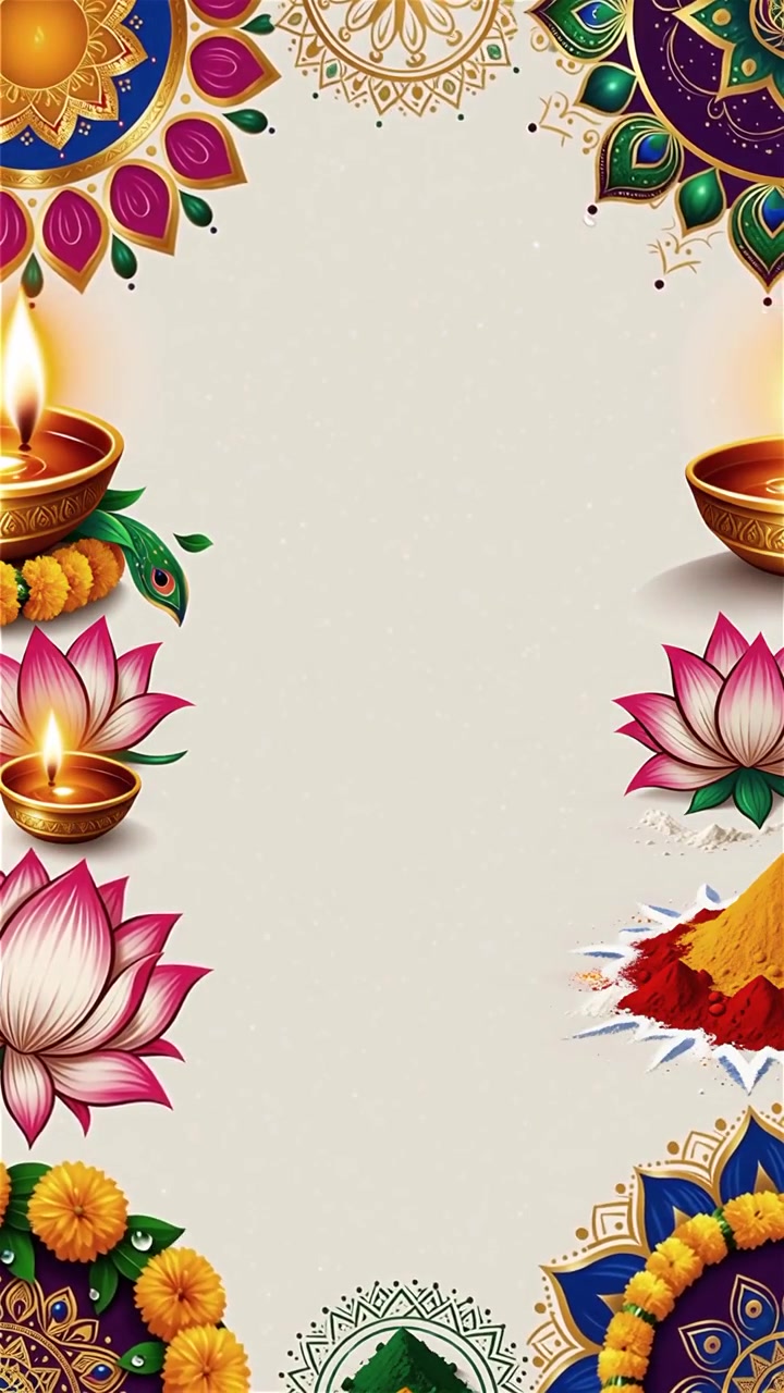 Sfondo Diwali con Diyas luminosi, Rangoli e fiori di loto