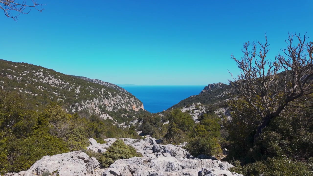 Vista grandangolare di un sentiero escursionistico roccioso che scende attraverso una valle verde lussureggiante verso il mare Mediterraneo turchese a Cala Goloritze, Sardegna.