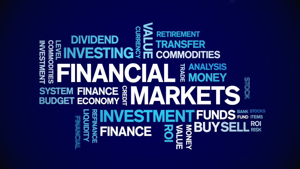 4k mercati finanziari tag animati nuvola di parole, animazione di testo ciclo senza soluzione di continuità.
