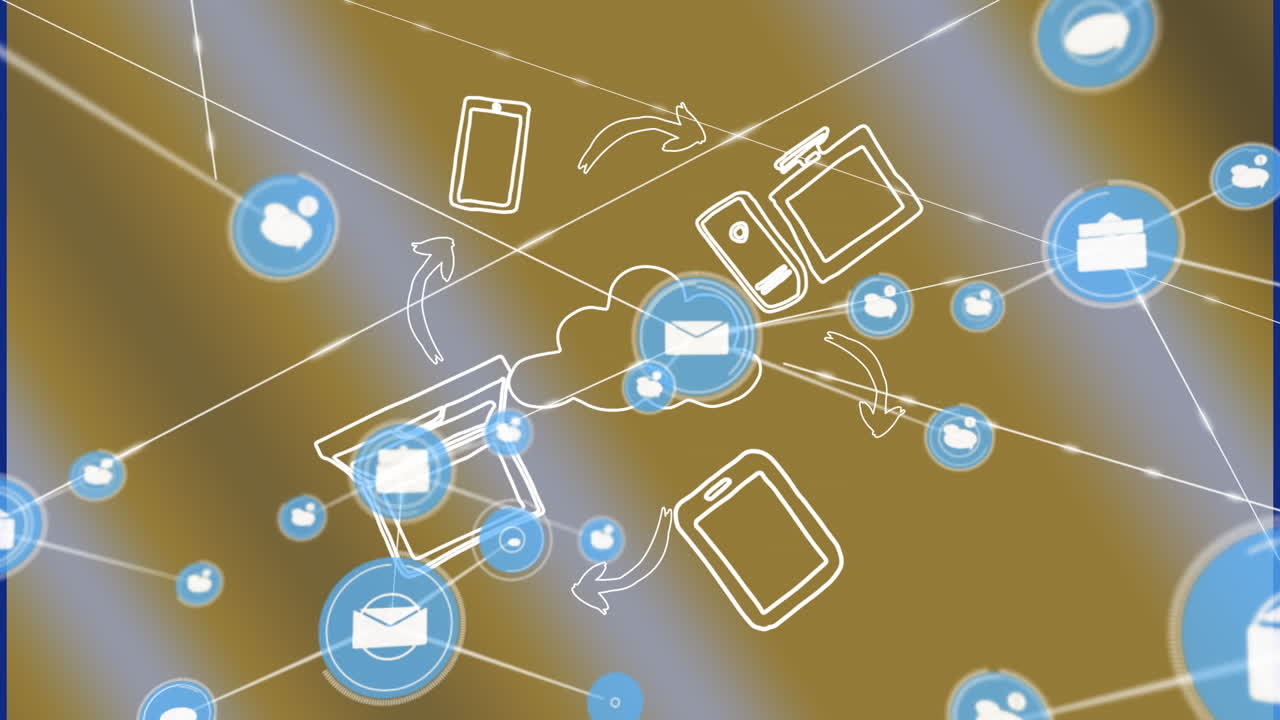 animación de iconos de mensajes que se conectan con líneas sobre ilustración de iconos de nube y computadora