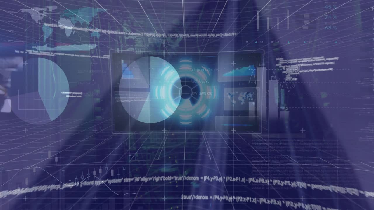 Animation of financial data processing over modern office building