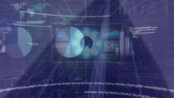 Animation of financial data processing over modern office building