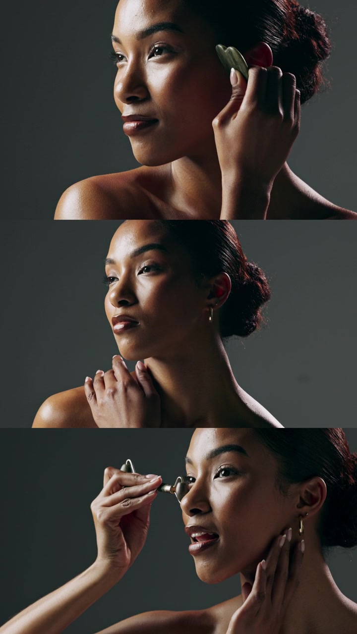 Young Woman Using Jade Facial Roller for Skincare Routine