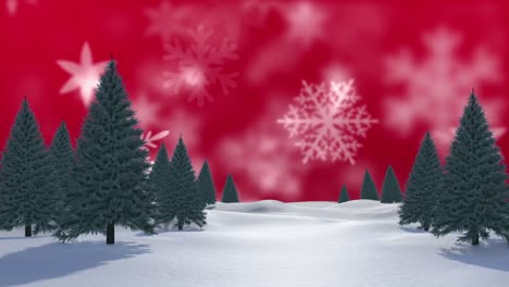 Multiple-tress-on-winter-landscape-against-snowflakes-floating-on-red-background