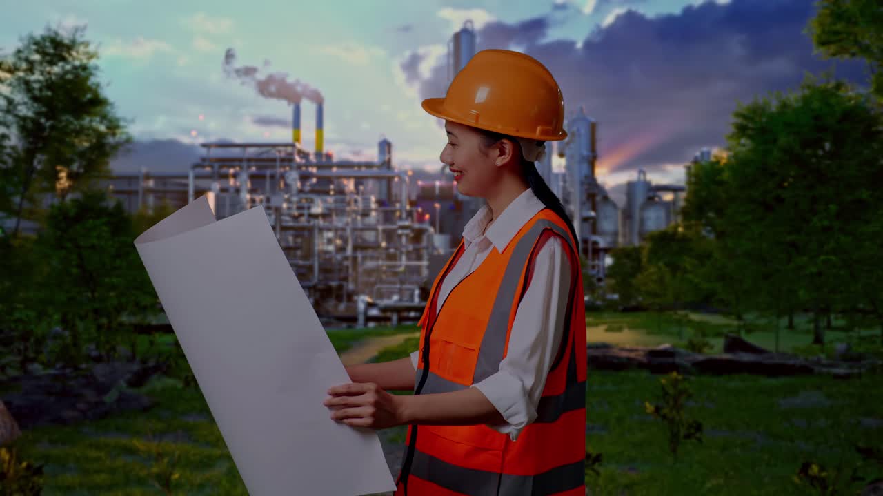Side View Of Asian Female Engineer With Safety Helmet Looking At Blueprint In Her Hands And Looking Around While Standing In Front Of Oil Refinery