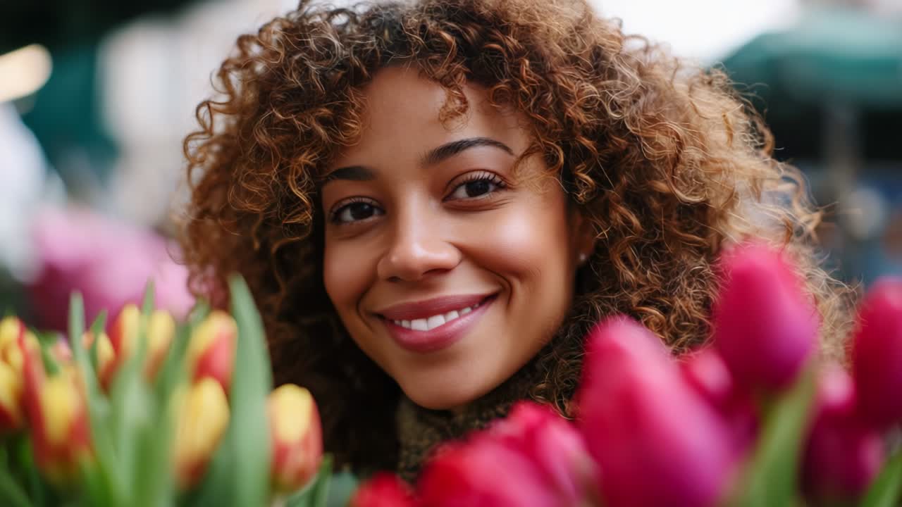 Captivating Encounter with Vibrant Tulips: A Young Woman Exudes Joy Amidst a Colorful Flower Market, Her Radiant Smile Accentuated by the Lush Surroundings and the Intimacy of Nature's Palette