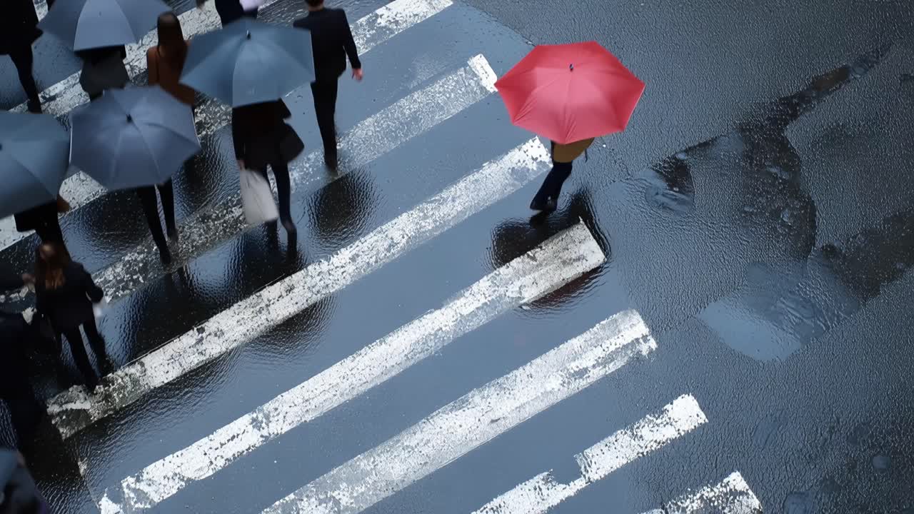 Red umbrella stands out in a crowd crossing rain-soaked streets. People hurry under dark umbrellas, seeking shelter from downpour. The red umbrella draws attention, contrasting with grey surroundings