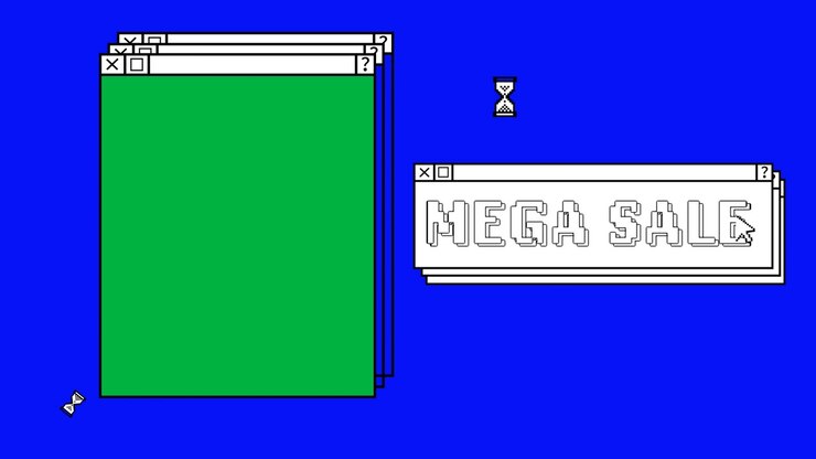 Retro Computer Interface Displaying Mega Sale Pop-up Window