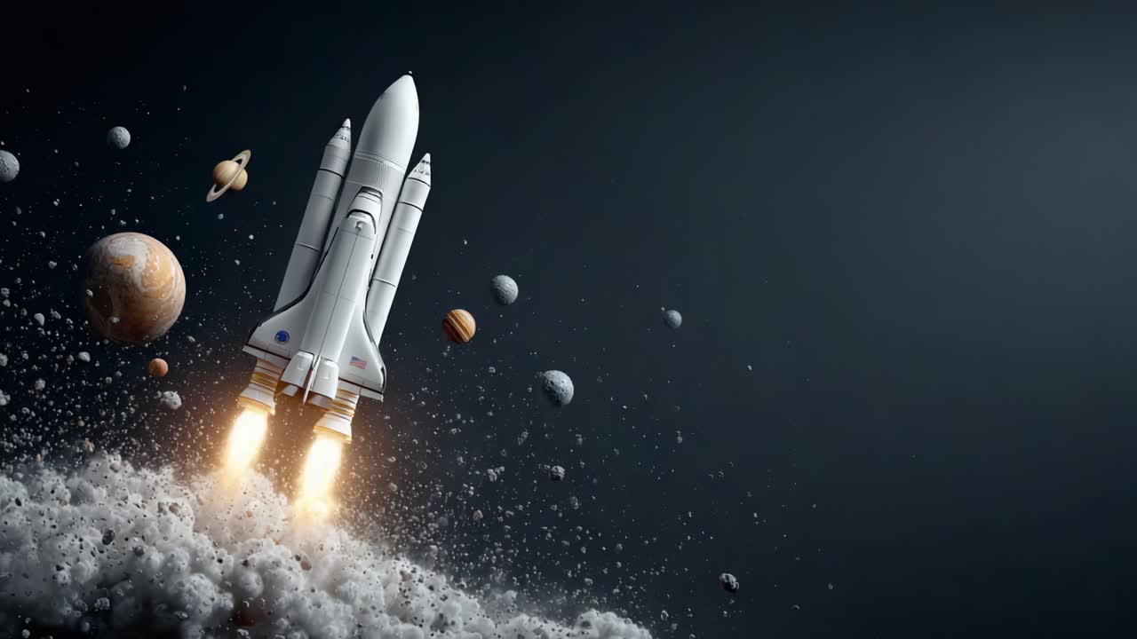 A spectacular launch of a rocket into a cosmic scene, surrounded by various planets and celestial bodies, showcasing the beauty of space exploration and technology
