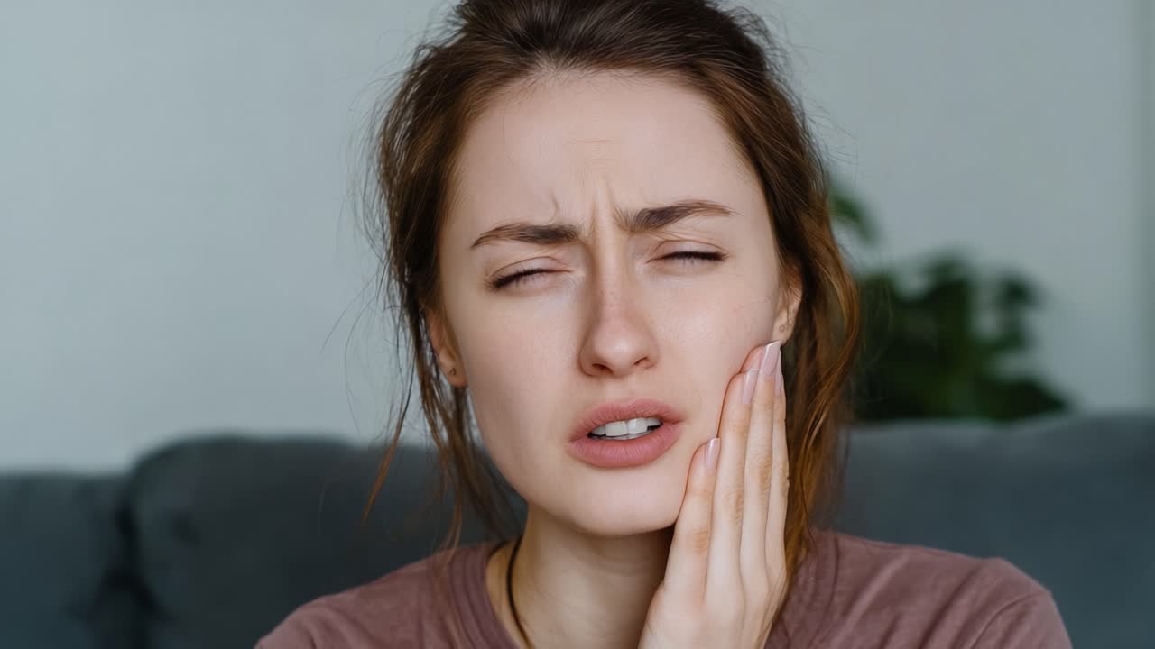 Una donna che prova disagio a causa del dolore dentale, che illustra difficoltà e preoccupazione, catturata in due fotogrammi con emozione espressiva e reazioni a problemi di salute orale