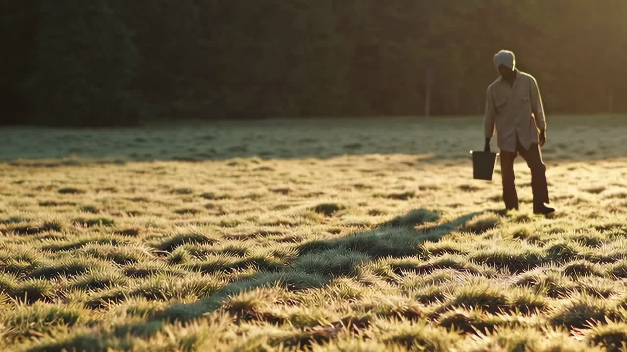 Farmer working in a sunlit field at dawn