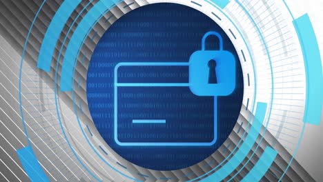 animation of padlock interface and data loading over black and grey concentric diagonal lines