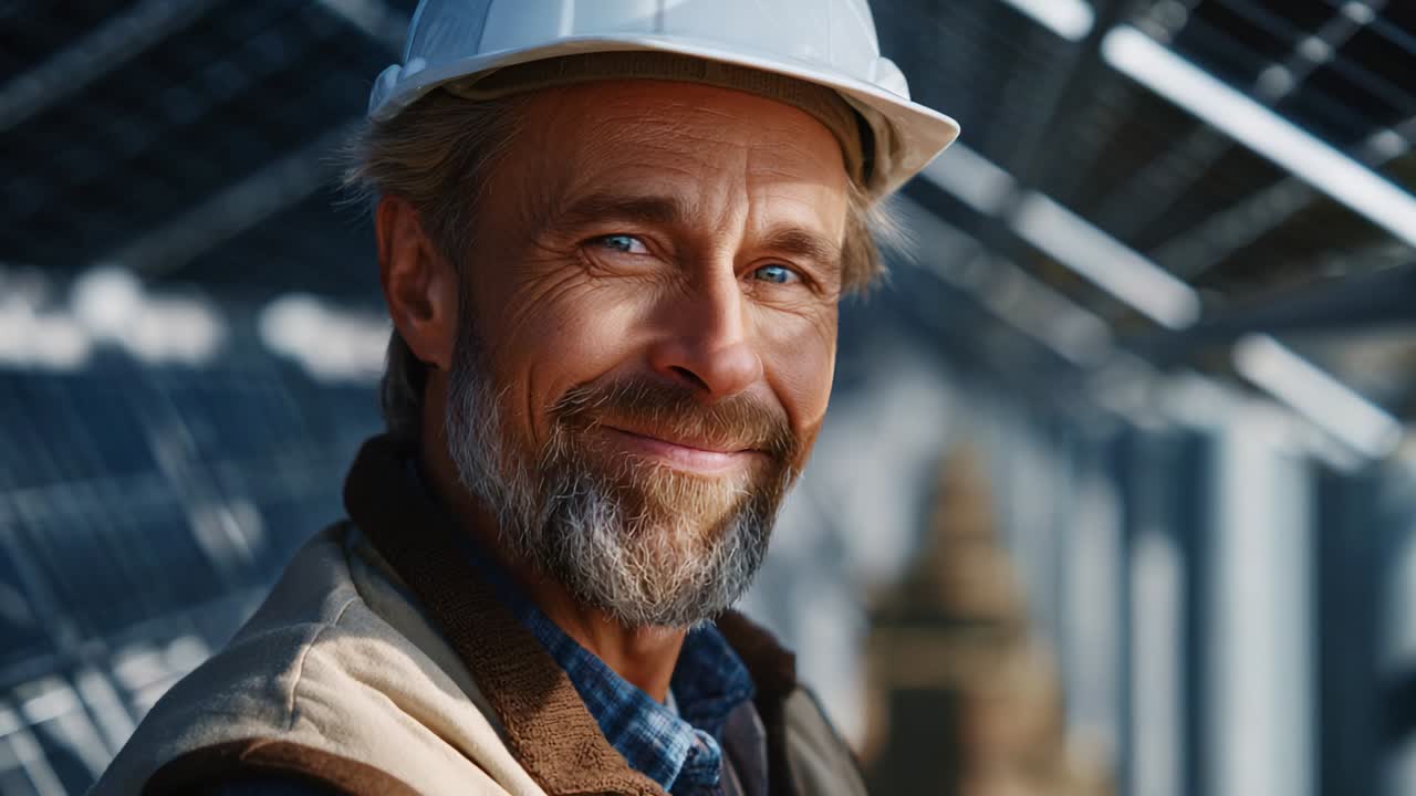 A Dedicated Worker Shining Brightly: The Indomitable Spirit of Commitment and Hard Work in the Renewable Energy Sector Highlighted by a Friendly Smiling Man in a Hard Hat Among Solar Panels