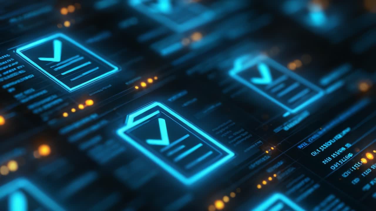 Futuristic Interface Displaying Multiple Verified Checklists with Digital Elements and Glowing Effects for High-Tech Overview and Validation Processes