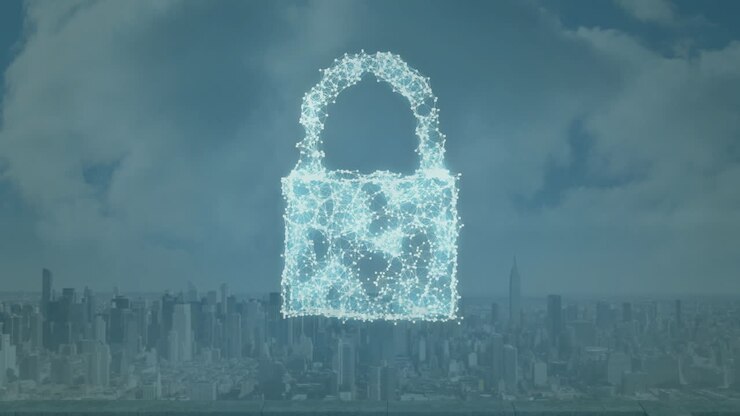 Animation of padlock icon and digital data processing over cityscape