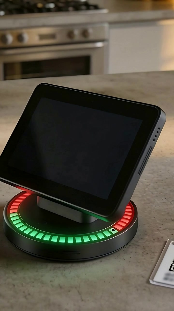Video verticale: accensione di un anello LED, tablet che ruota su una base in cucina, rivelando una scheda QR e una fotocamera