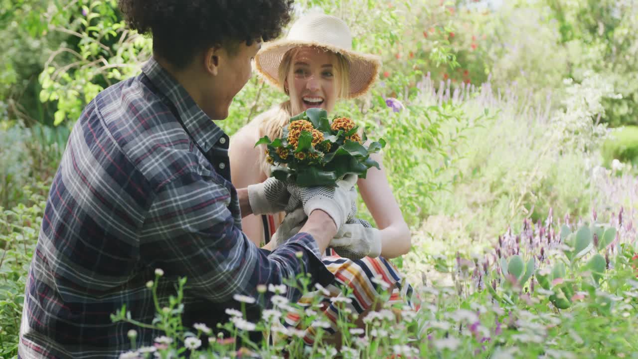 feliz pareja diversa jardinería en el jardín en un día soleado