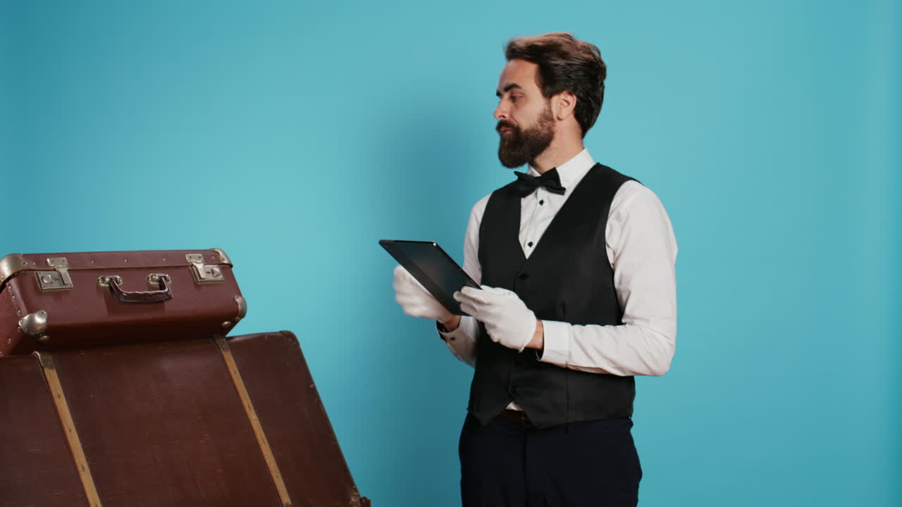 Classy doorman porter reviewing tablet