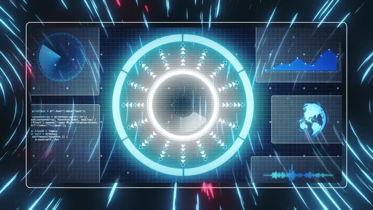 Animation of scope scanning and data processing on screens over light trails