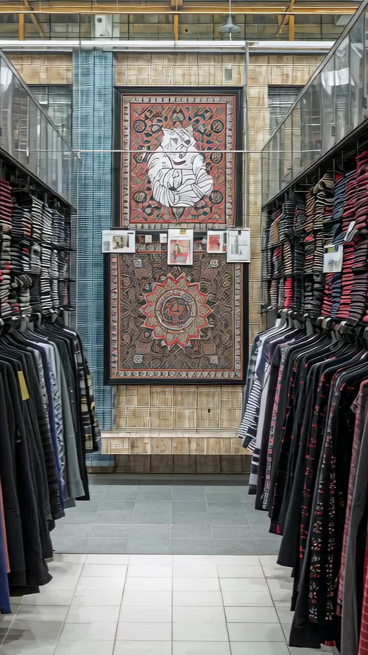 Vertikal video: Bevægende kamera afslører indrammet gobelin i boutique-gang, der fremviser kampagnekort.