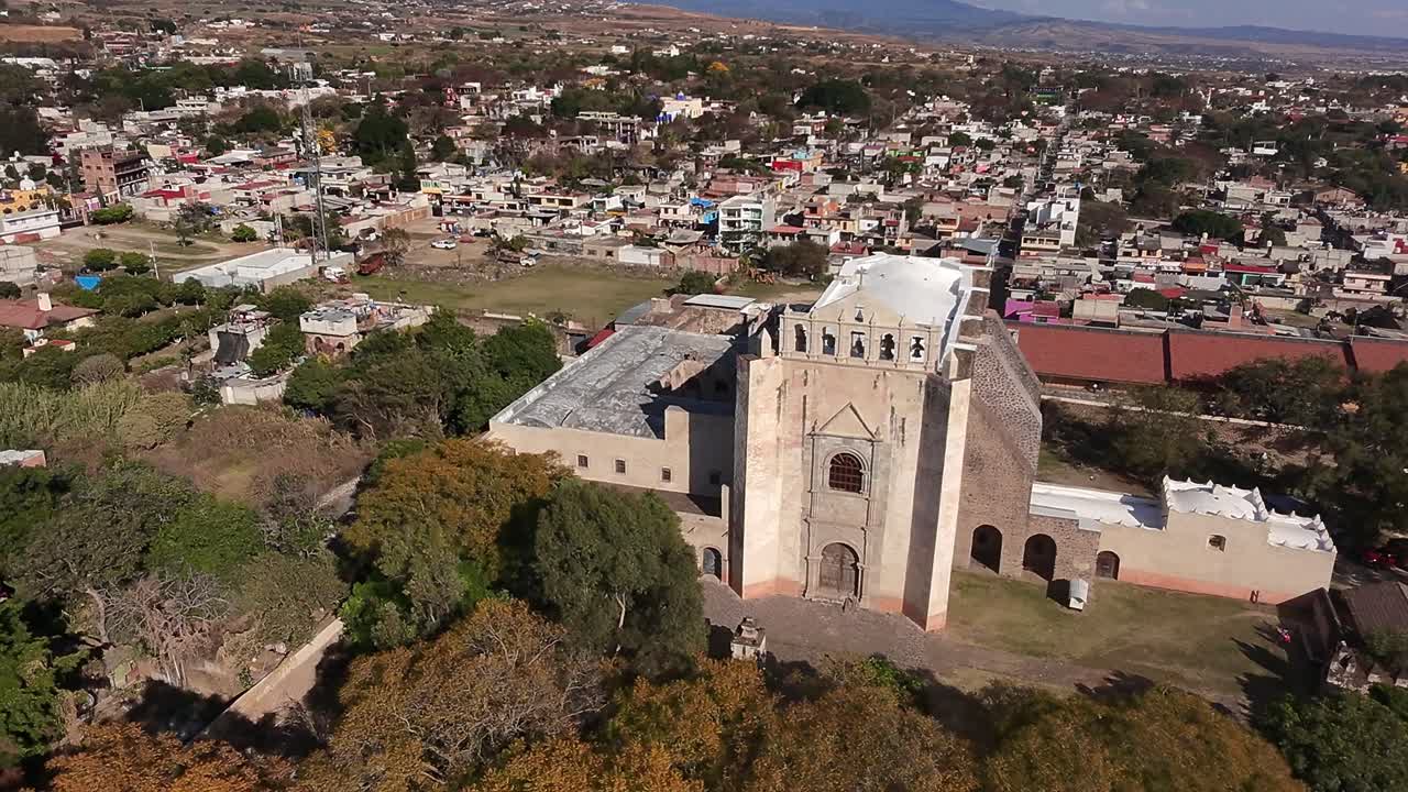 Historic church in Tlayacapan, Morelos seen from above on a sunny clear day