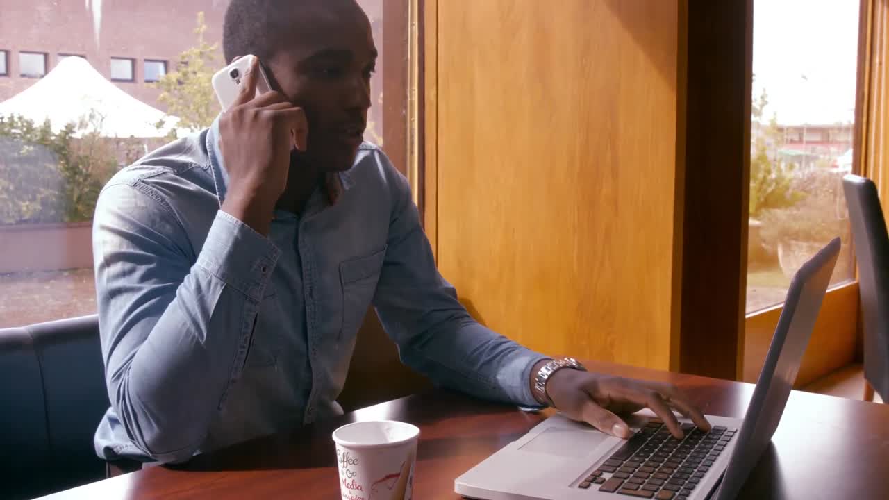Handsome man using laptop and having a phone call
