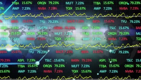 animación del mercado de valores a través de una red de conexiones y un globo sobre fondo negro