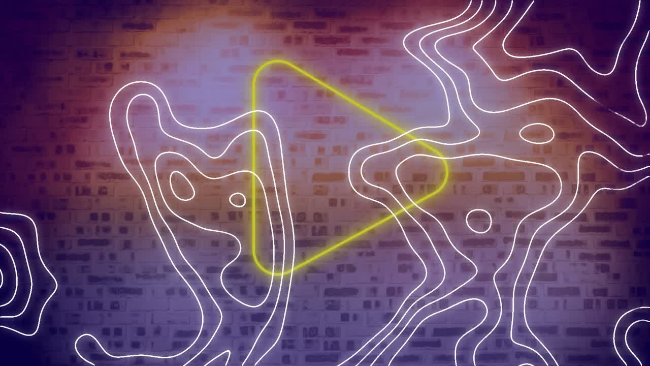 Animation of neon triangle over isohypses moving on violet brick background