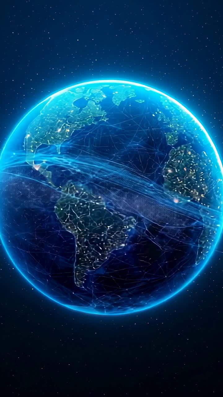 Vertical video: Opening frame sparking digital Earth rotating in star field, pulsing grid data arcs