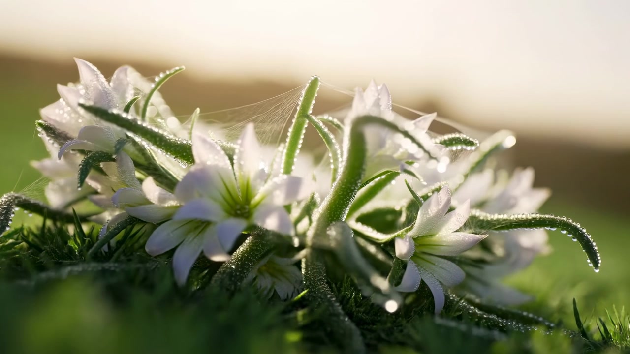 Hvide blomster i blomstrende sekvens, på naturskøn solrig eng, med blomster, grønt græs, med blomsterblade, græsstråtekstur, fra et nærbillede fra jordhøjde, med hvide, grønne accenter.