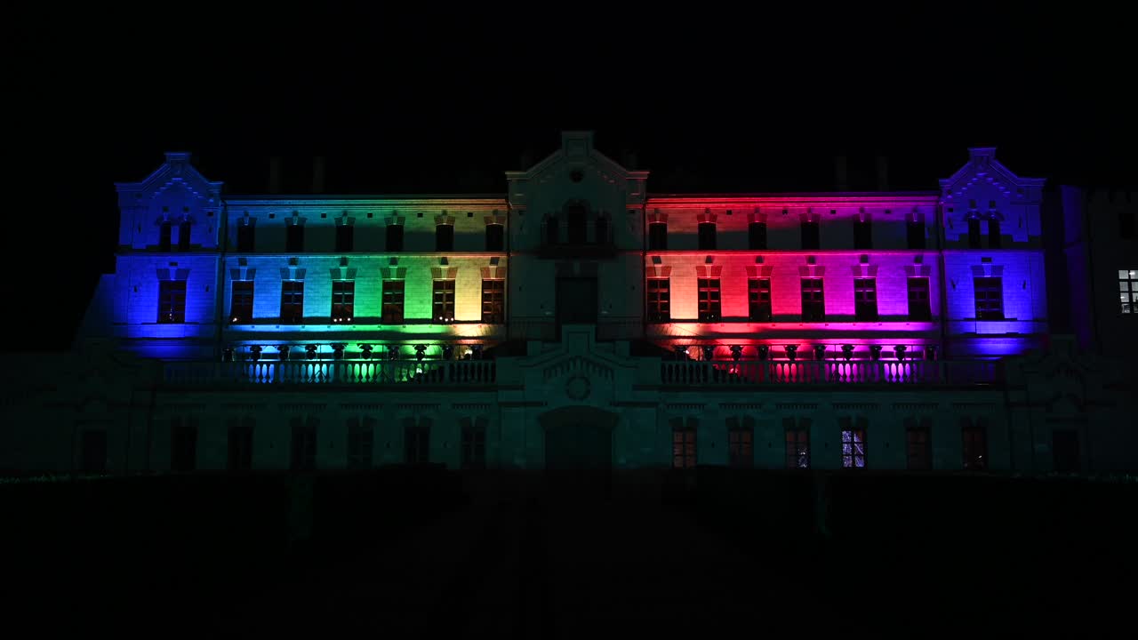 Flashing lights on the facade of the Mimi Castle Winery in Bulboaca, Moldova