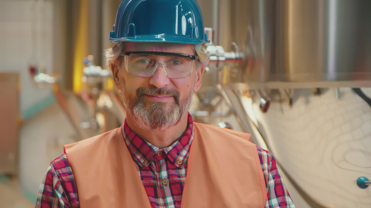 Man in hard hat and safety vest in brewery