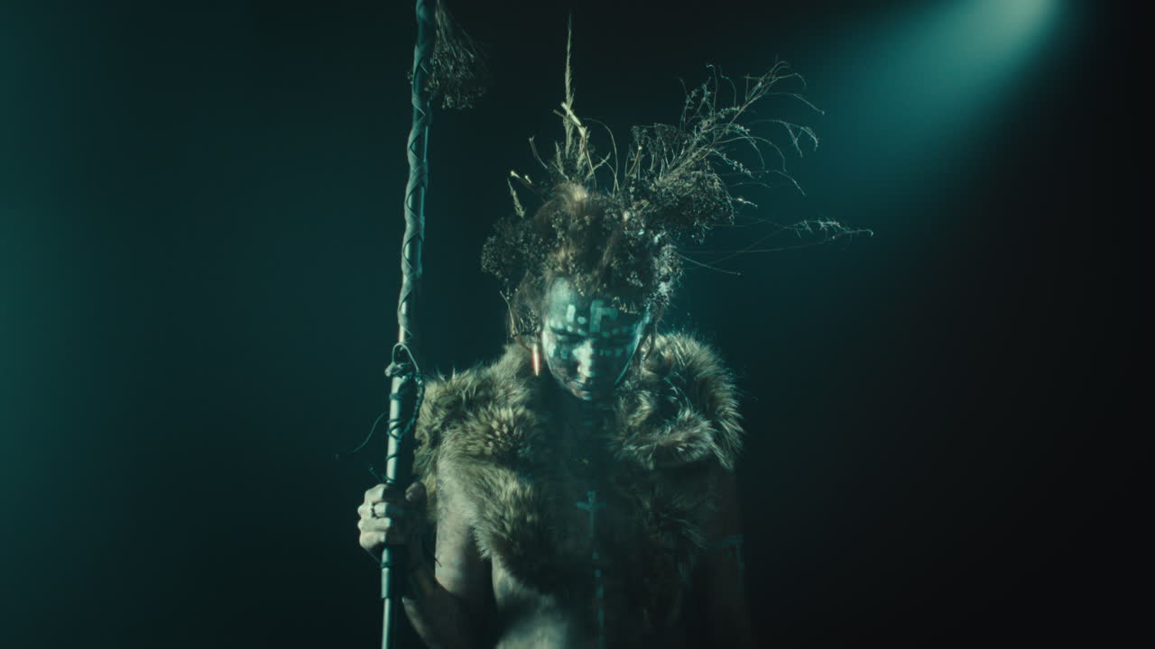 A creepy witch rises her head during the night storm