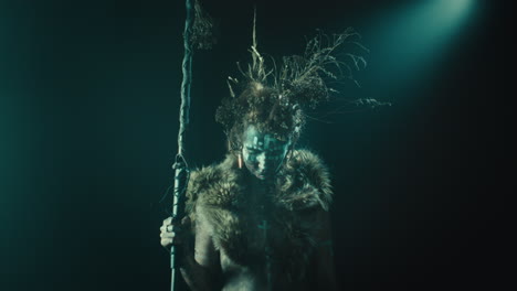 a creepy witch rises her head during the night storm