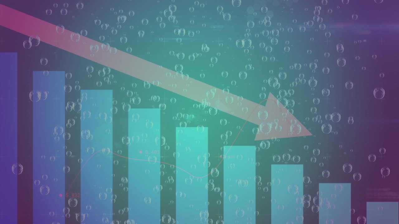 Animation of bubbles over statistical data processing against green gradient background