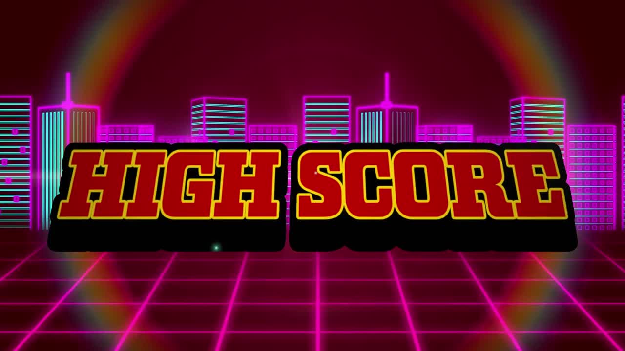 빨간색 텍스트 높은 점수, 폭발과 분홍색 그리드 및 도시 풍경의 애니메이션