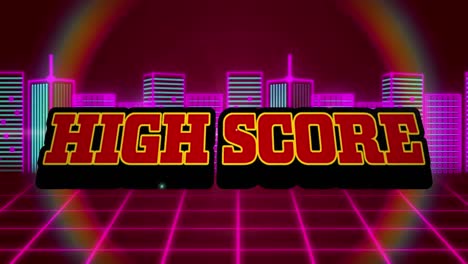 Animation-of-red-text-high-score,-over-explosion-and-pink-grid-and-cityscape