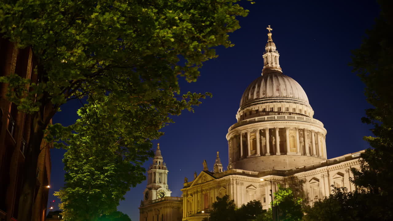 The Dome of St. Paul's Cathedral rising above the trees with the night sky in the background in London, England