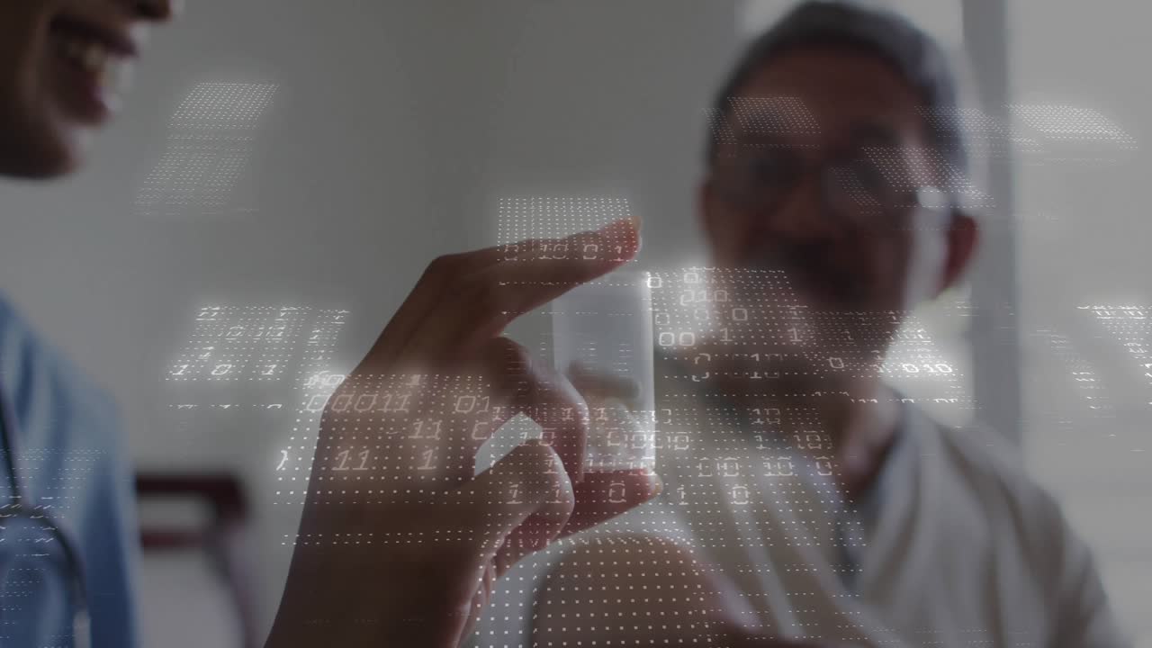 Medical clinician lifting pill container explaining dosage in consultation, data overlay rising
