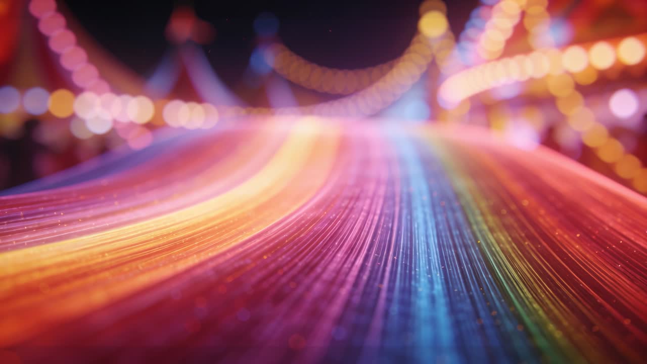 Kamera gleitet über glänzenden Neon-Pfad auf dem Jahrmarkt und erzeugt Reisestimmung mit Glitzer, Bokeh, Zelten