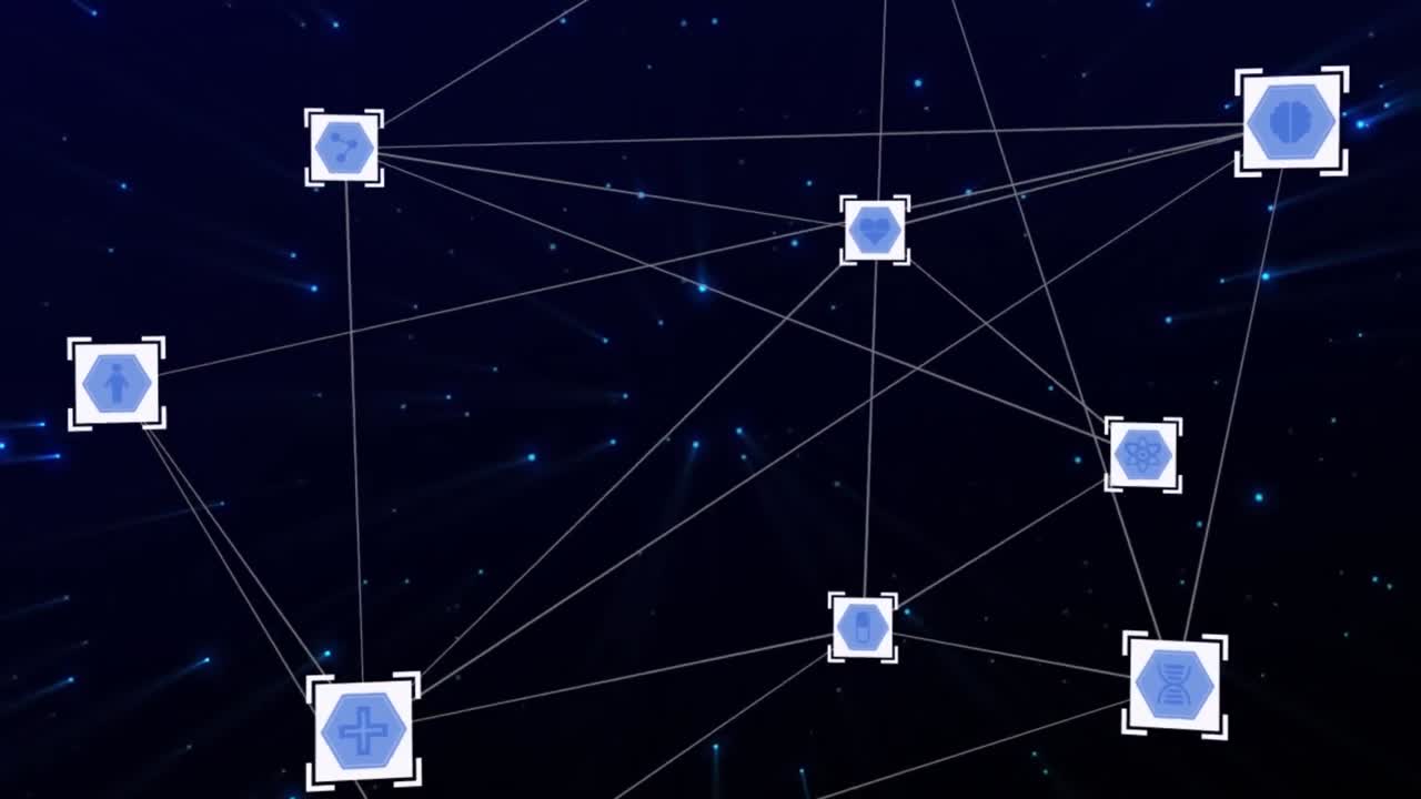 Animation of network of connections with icons on black background