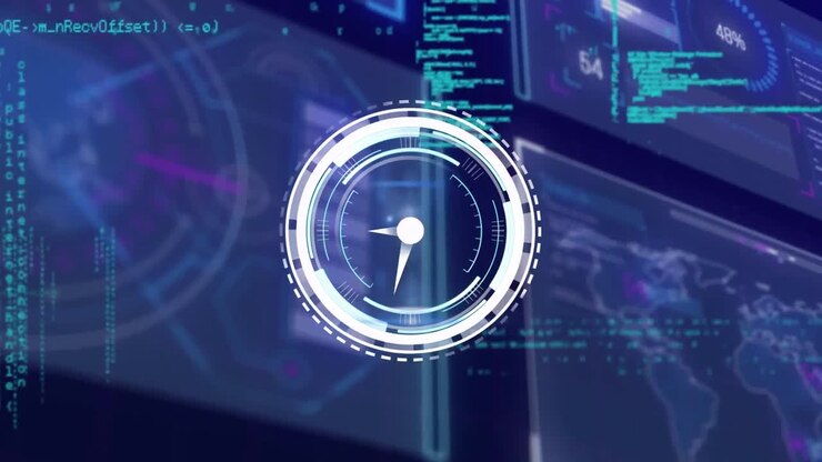Animation of clock over digital screens with diverse data