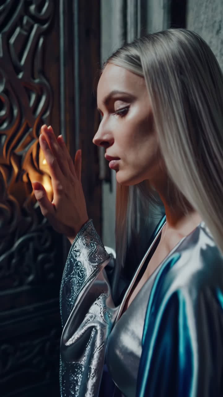 Woman in a fantasy dress at a glowing door