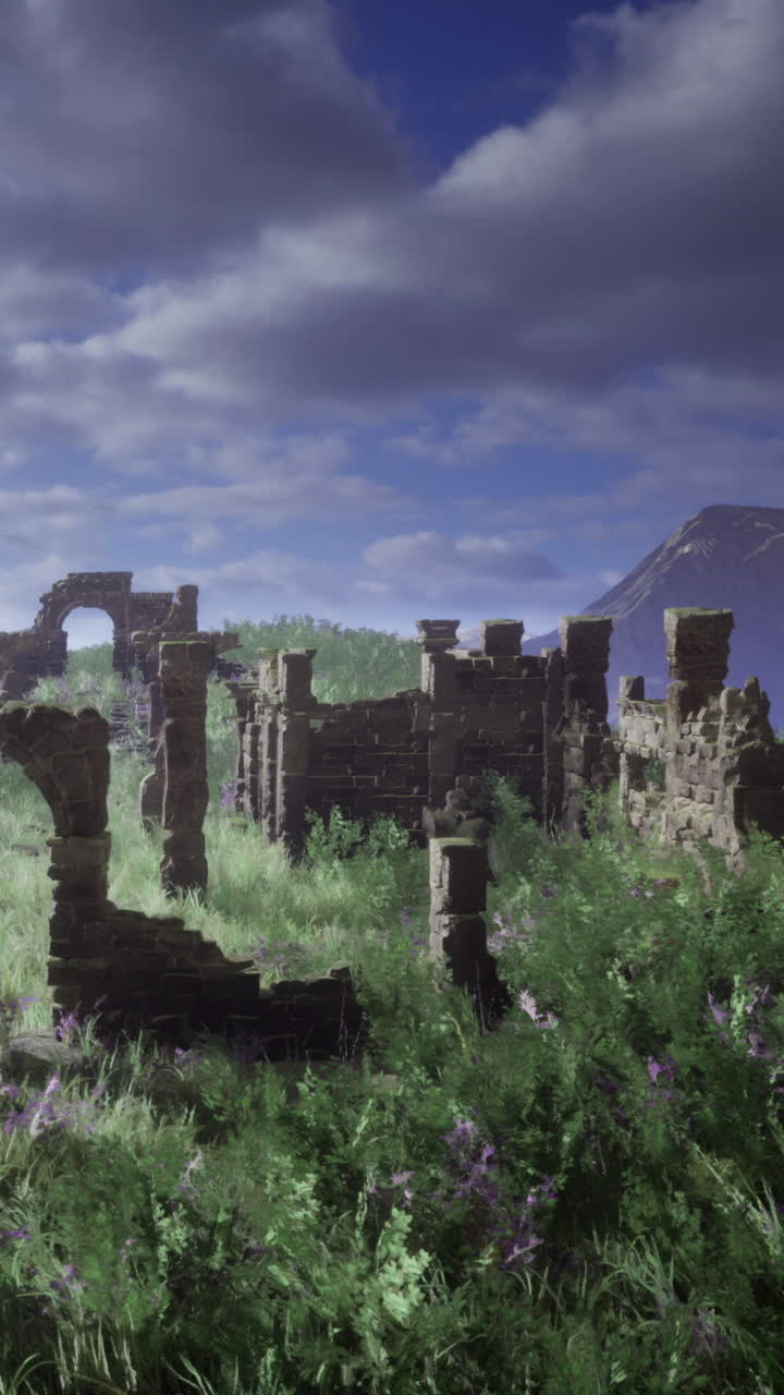 Antiche rovine immerse nell'erba verde sotto un cielo nuvoloso in un paesaggio aperto