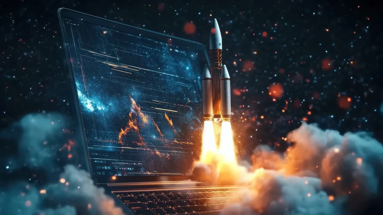 Dynamic video concept of a rocket launching from a laptop screen