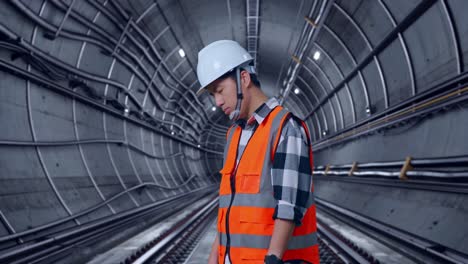 side view of asian male engineer with safety helmet having a headache while working in underground subway tunnel
