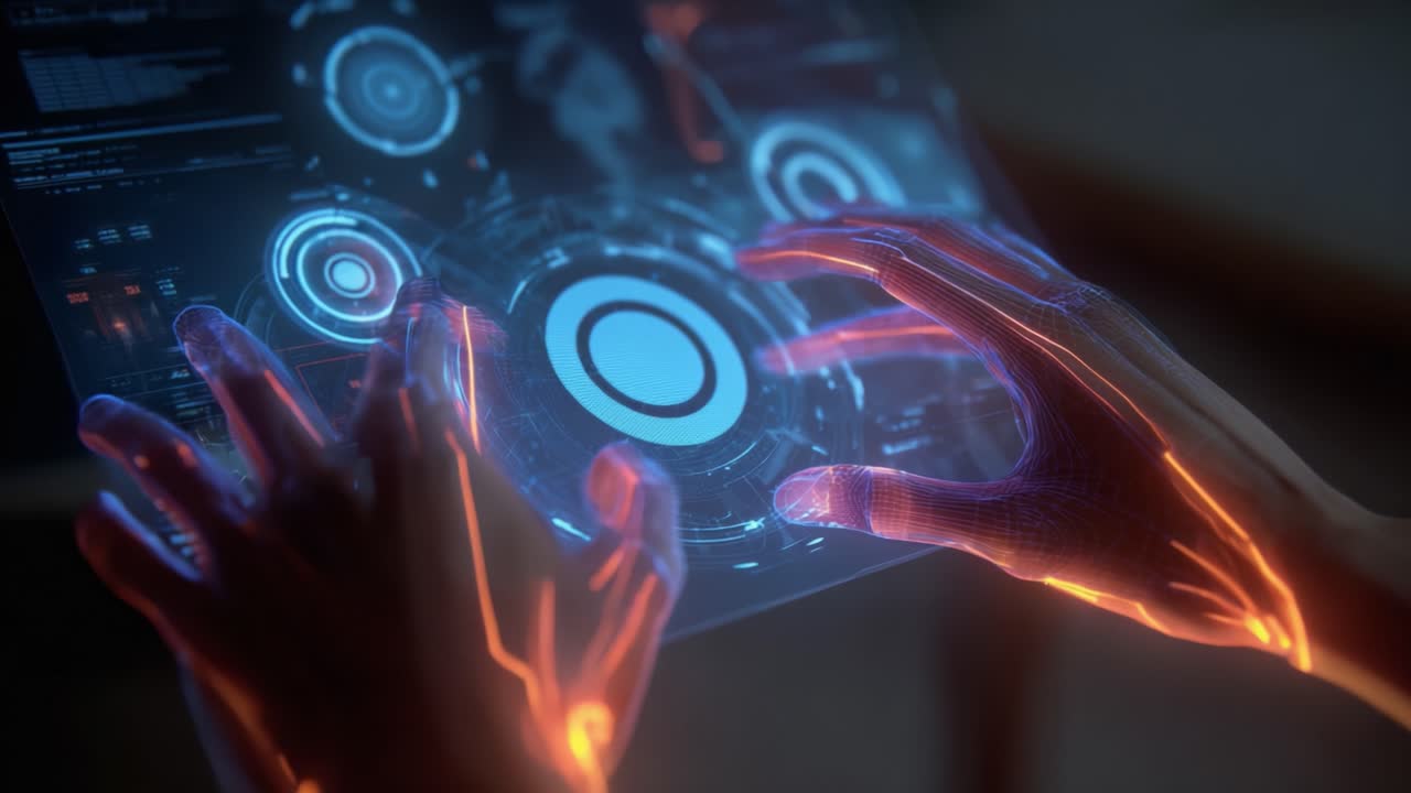 Futuristic Interface Interaction: A Close-up of Hands Engaged with a Transparent Holographic Display, Featuring Dynamic Data Visualization, Touch Controls, and Enhanced User Interaction Experience