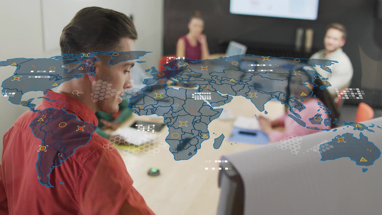 Presenter leading business meeting, speaking and causing world map overlaying team with data icons